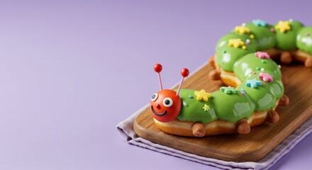 Colorful Caterpillar Dessert on Wooden Board with Decorative Sprinkles and Purple Background