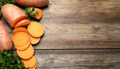 Sliced sweet potatoes on a wooden table