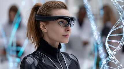Woman in lab wearing futuristic glasses, observing a DNA helix