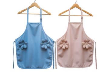 Two aprons with flower pockets hanging on wooden hangers isolated on transparent background