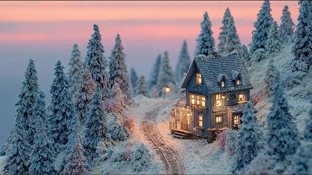 Winter cabin in snowy woods