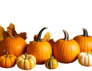Variety of Pumpkins in Different Shapes and Hues for Seasonal Banner 