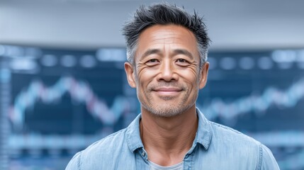 Asian businessman standing with financial charts on large screen, blurred candlestick graphs and upward stock market trends in background, symbolizing finance, growth, and success