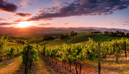 Naklejka premium Tuscan Vineyard Hills at Sunset with Colorful Sky and Green Vines wine grapes