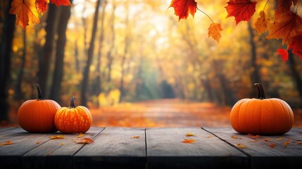 Autumn product display banner with empty wooden table surface and pumpkins on pathway. Presentation template with copy space for products