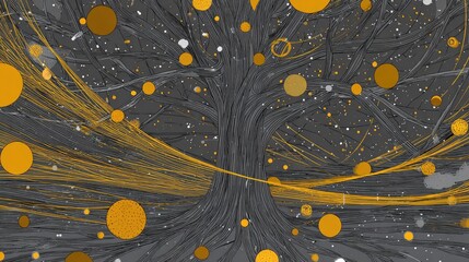 Abstract tree with intricate network of gold threads and scattered circles against a gray background