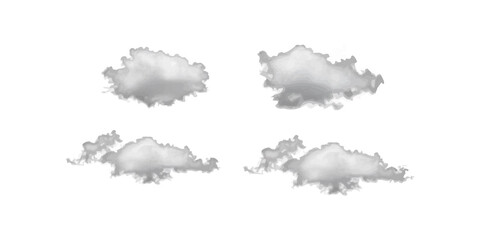 A collection of four realistic, fluffy gray clouds isolated on a white background. A versatile design element for weather or sky concepts