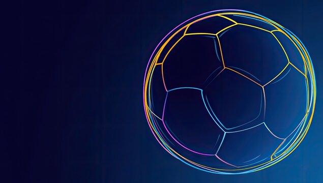Abstract Glowing Soccer Ball on Dark Blue Background with Colorful Outlines and Geometric Shapes