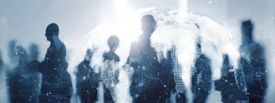 Abstract Global Business Team Silhouettes with Digital Earth Globe Overlay in Soft Blue Tone - Powered by Adobe