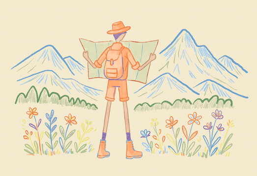 Hiker in the wilderness navigating with map
