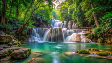 Obraz premium Serene Waterfall in Lush Green Forest with Crystal Clear Pool