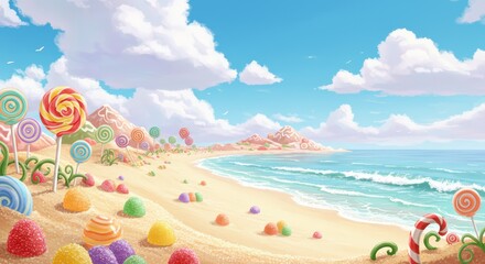 A whimsical beach where the sand is made of pastel-colored sugar and the waves are rolling cream. Lollipops grow like plants. A candyland fantasy.