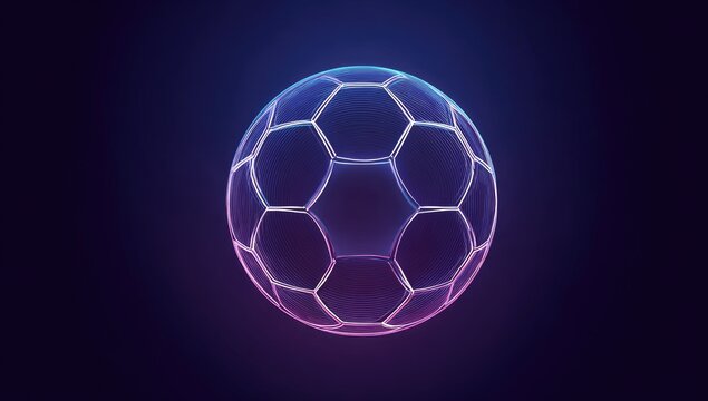 Abstract Soccer Ball Illustration with Glowing Hexagonal Pattern on Dark Blue Background
