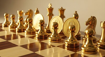 Investment Strategy Chessboard (Realistic photo of a chessboard with coins as pieces.)