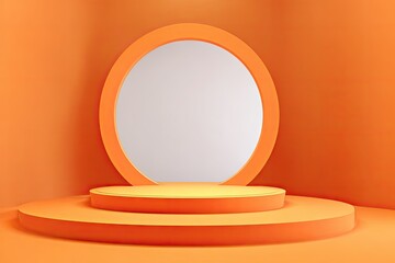 Abstract Studio Set in Warm Orange Tones Featuring Round Podium and Oval Backdrop for Product Display and Presentation with Minimalist Design Elements