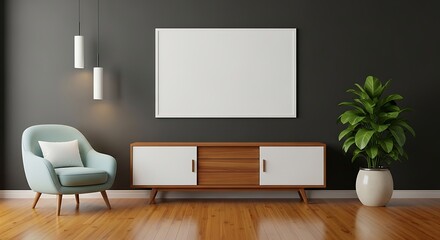 Elegant Living Room with Teal Chair Wooden Cabinet and a Green Potted Plant Under a Blank White Canvas Framed on a Dark