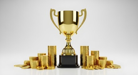 Investment Trophy Achievement (Realistic photo of a golden trophy surrounded by coins.)