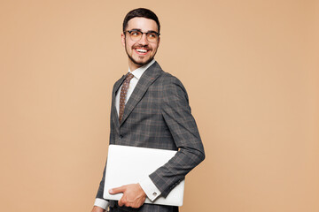 Young employee IT business man corporate lawyer he wear formal grey suit shirt tie glasses work in...