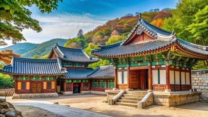 Fototapeta premium Traditional Asian Architecture in Vibrant Autumn Landscape Scene