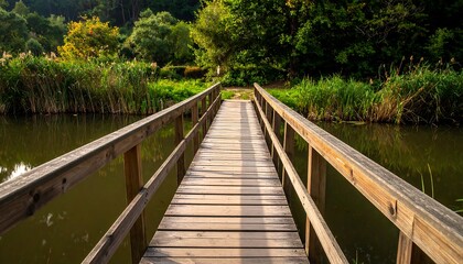 Wooden bridge over calm water leading to a wooded area