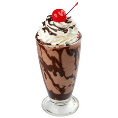 Chocolate milkshake with whipped cream and cherry isolated on transparent background  
