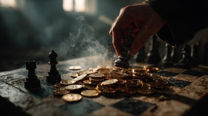 A chessboard with a hand moving and financial symbols