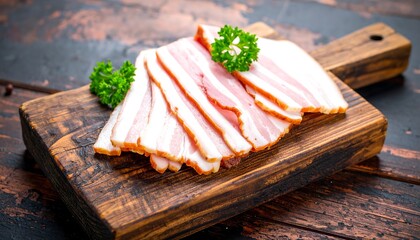 Slices of bacon on a wooden cutting board