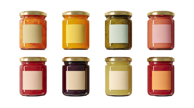 Assorted jars of preserves, various colors