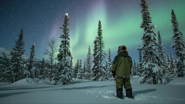 Solitary figure in a warm parka watching the mesmerizing aurora borealis over a snowy winter forest