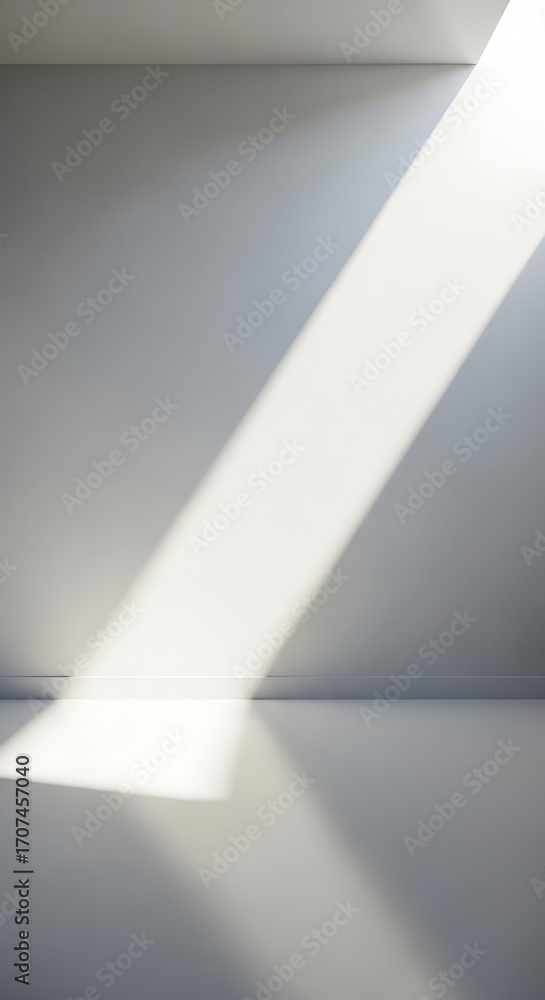 Poster sunlight streaming into an empty white room, creating a bright diagonal beam.