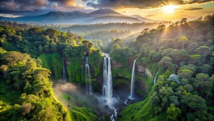 Fototapeta premium Majestic Waterfall Surrounded by Lush Green Forest in Sunrise Glow