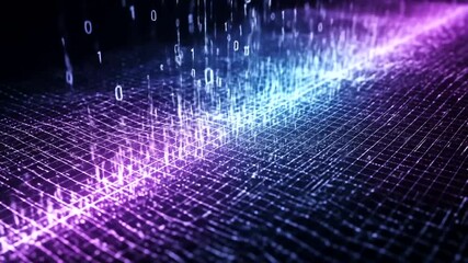 Futuristic digital binary code landscape with neon grid for technology concept - Powered by Adobe