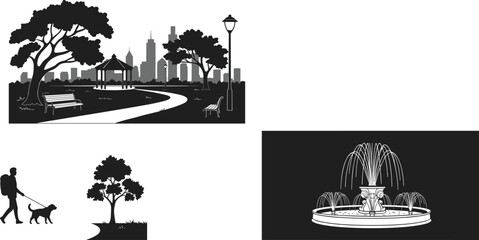 Fototapeta premium park, pathway, bench, tree, gazebo, lamp, skyline, city, walking, dog, fountain, water, outdoor, leisure, vector, black, white, landscape, urban, design