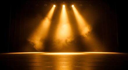A dark stage is brightly illuminated by three golden spotlights with atmospheric smoke.