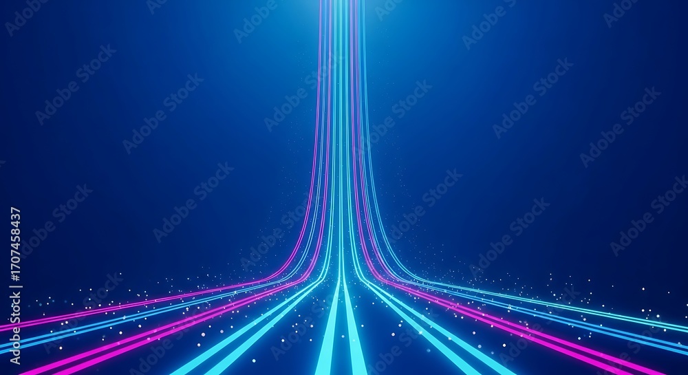 Poster abstract visualization of data streams flowing upwards in a vibrant blue and pink neon glow against 