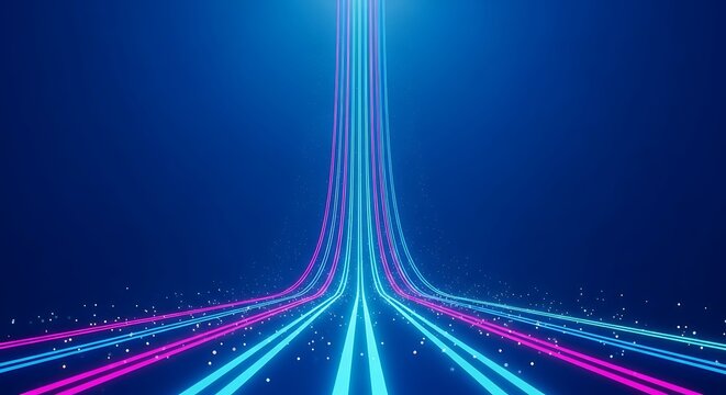 Abstract visualization of data streams flowing upwards in a vibrant blue and pink neon glow against a dark blue background.