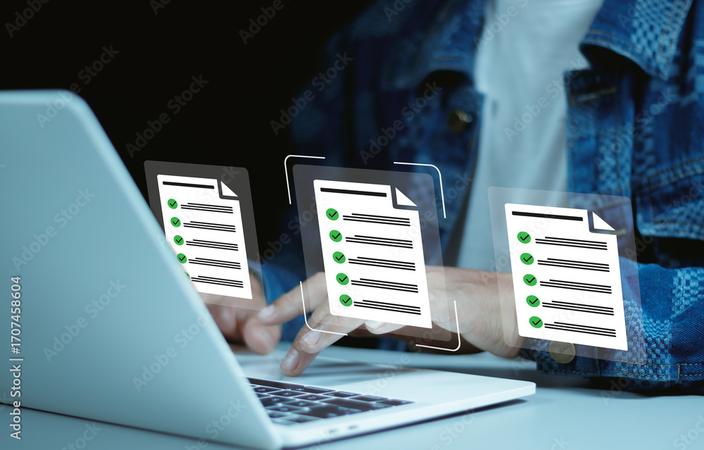 Poster smart checklist and document management on virtual screens concept, businessman use pen checkmarks o
