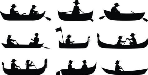 Boating silhouette set, rowboat icon, gondola figure, paddling person, watercraft scene, black vector, traditional boat, leisure activity © MSTAYESHASIDDIKA