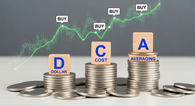 Dollar cost averaging dca strategy for investing in stock market and cryptocurrency growth trend