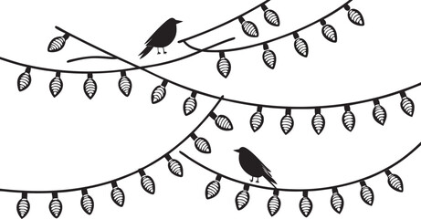 Two birds perched on a string of holiday lights, creating a festive and whimsical scene
