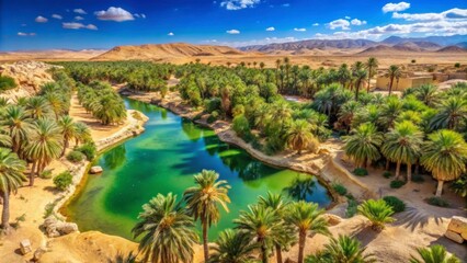 Fototapeta premium Serene Oasis Surrounded by Lush Palm Trees Under Bright Blue Sky