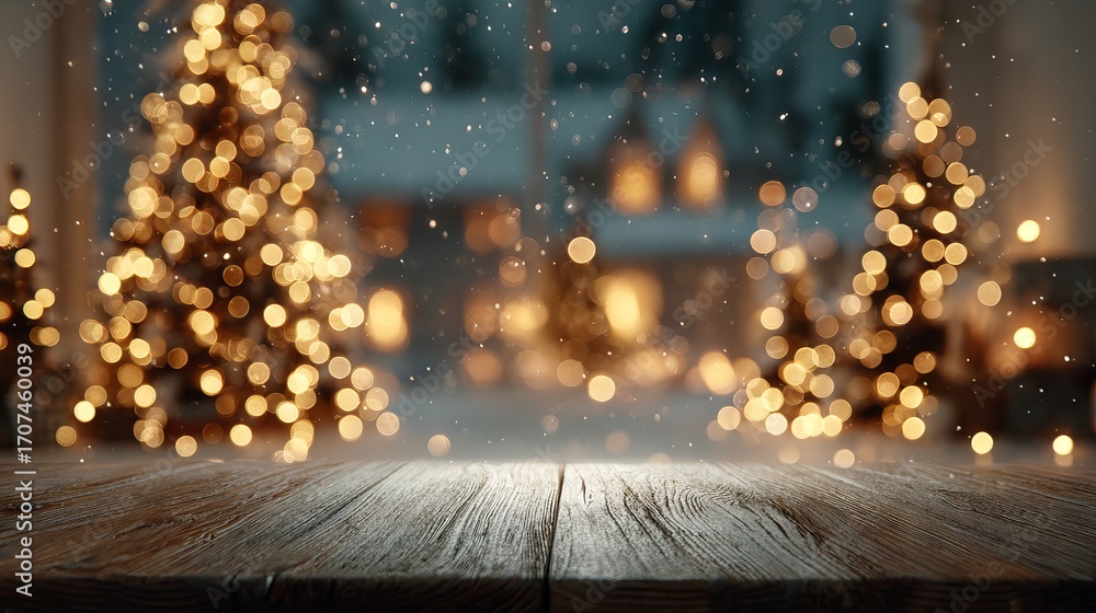 Aufkleber dreamy christmas bokeh background with glowing light orbs and a fully blurred tree scene behind an e