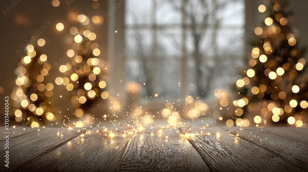 Poster dreamy christmas bokeh background with glowing light orbs and a fully blurred tree scene behind an e