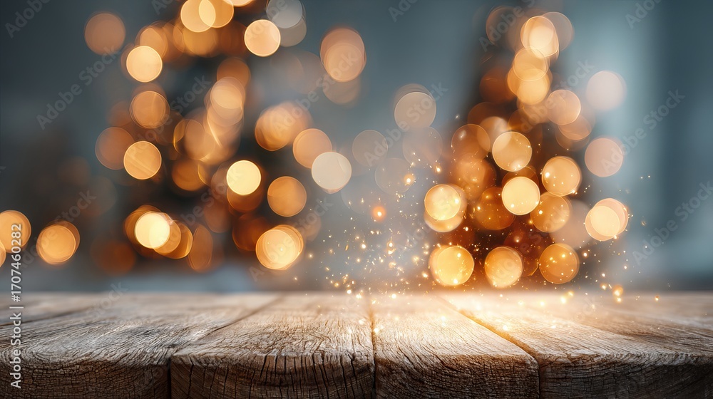 Poster dreamy christmas bokeh background with glowing light orbs and a fully blurred tree scene behind an e