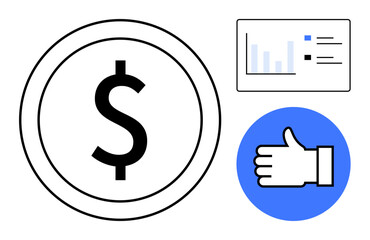 Dollar sign in a circle, data analytics chart, and thumbs up icon symbolizing financial growth, performance tracking, and user satisfaction. Ideal for business, finance, marketing, analytics