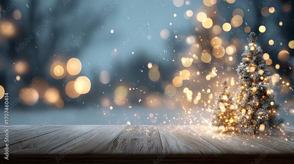 Poster dreamy christmas bokeh background with glowing light orbs and a fully blurred tree scene behind an e