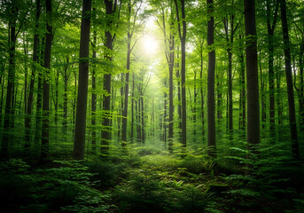 Obraz premium Tranquil Woodland with Rays of Light and Fresh Greenery, Nature Background