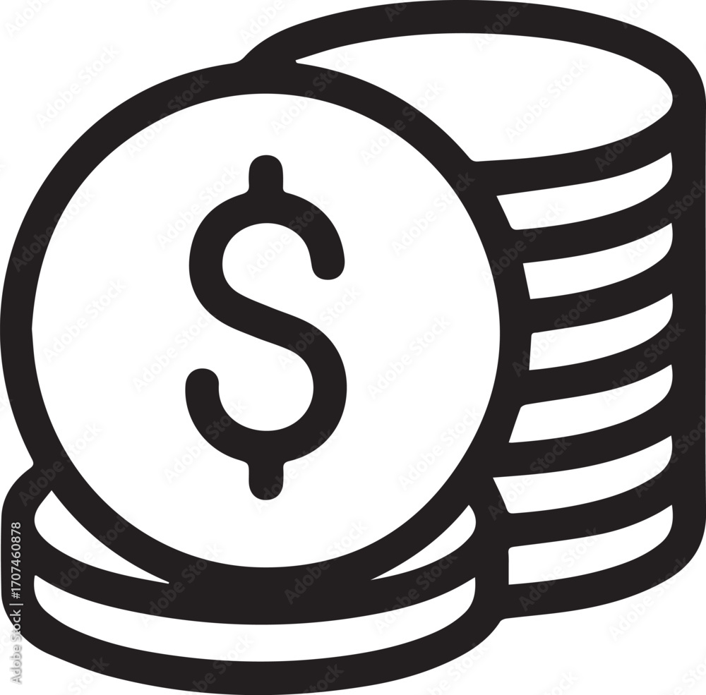 Poster dollar coin stack outline icon – minimal finance currency vector
