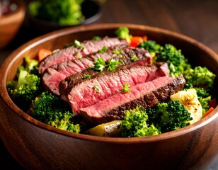 Slices of grilled steak atop a colorful vegetable medley