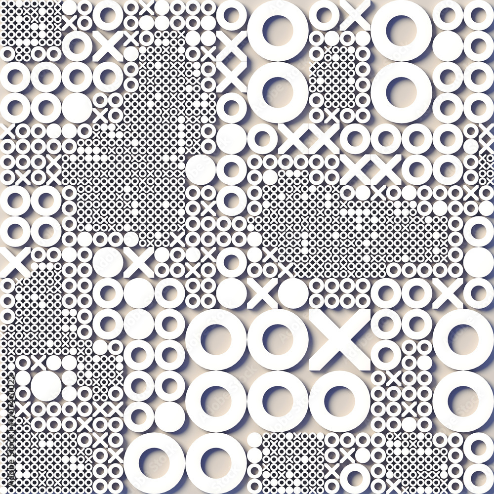 Poster a geometric pattern composed of repeating x's and o's arranged in a complex modular grid. 3d renderi